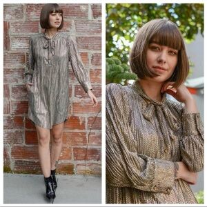 Anthropologie Sabina Musayev Eugene gold metallic shimmery bow tie shirt dress